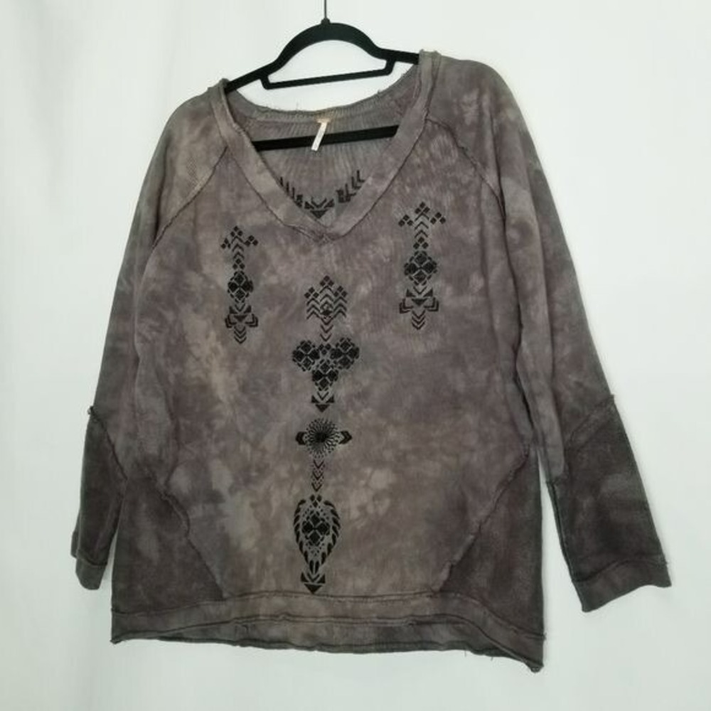 Free People Sweater Brown Tie Dye Blotches‎ Oversized Embroidered Beachy Boho XS